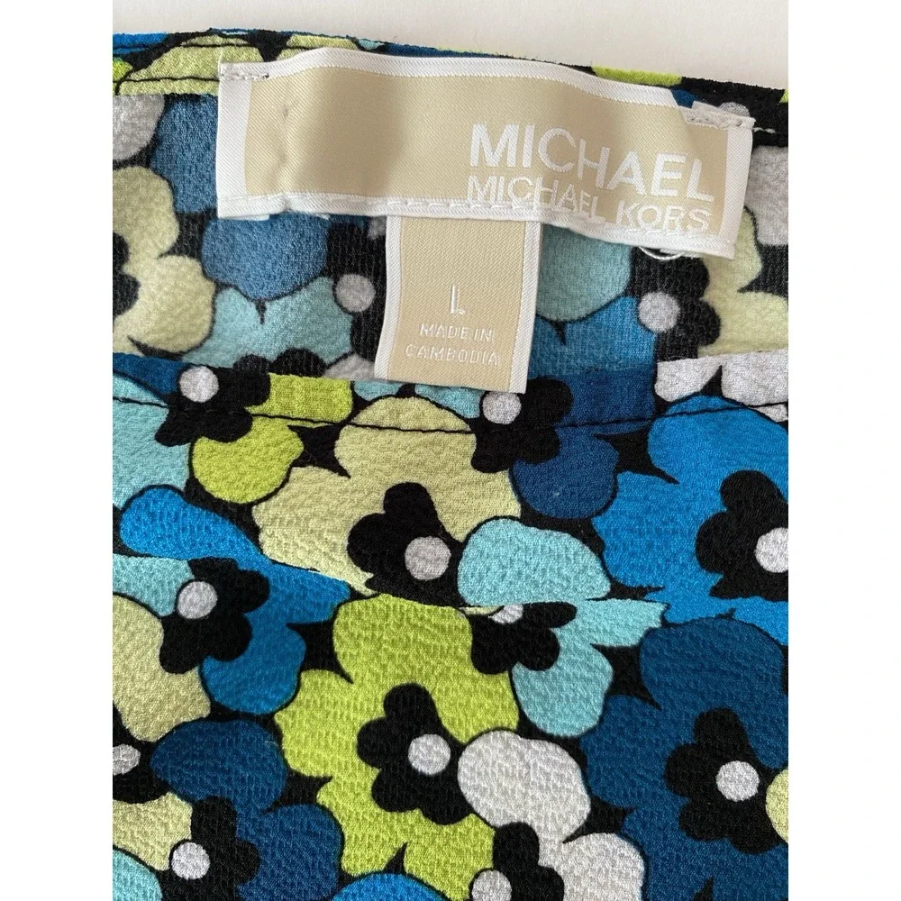 Michael Kors Short Sleeve Blouse Sz Large Smocked Hem Blue Teal Floral Designer